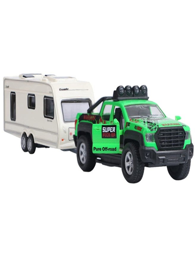 Metanyl Pickup Truck Trailer Towing Toy Camper 2 in 1 Playset RV Motorhome Toys for Boys Diecast Model Car Metal Pull Back Toy Cars 1/36 Scale SUV Doors Open Light Sound Kids Birthday Gifts, Green - Image 1